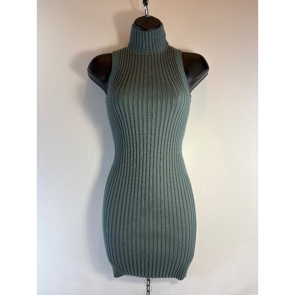 Kith Sage Green Ribbed Knit Turtleneck Sleeveless Mini Dress XS